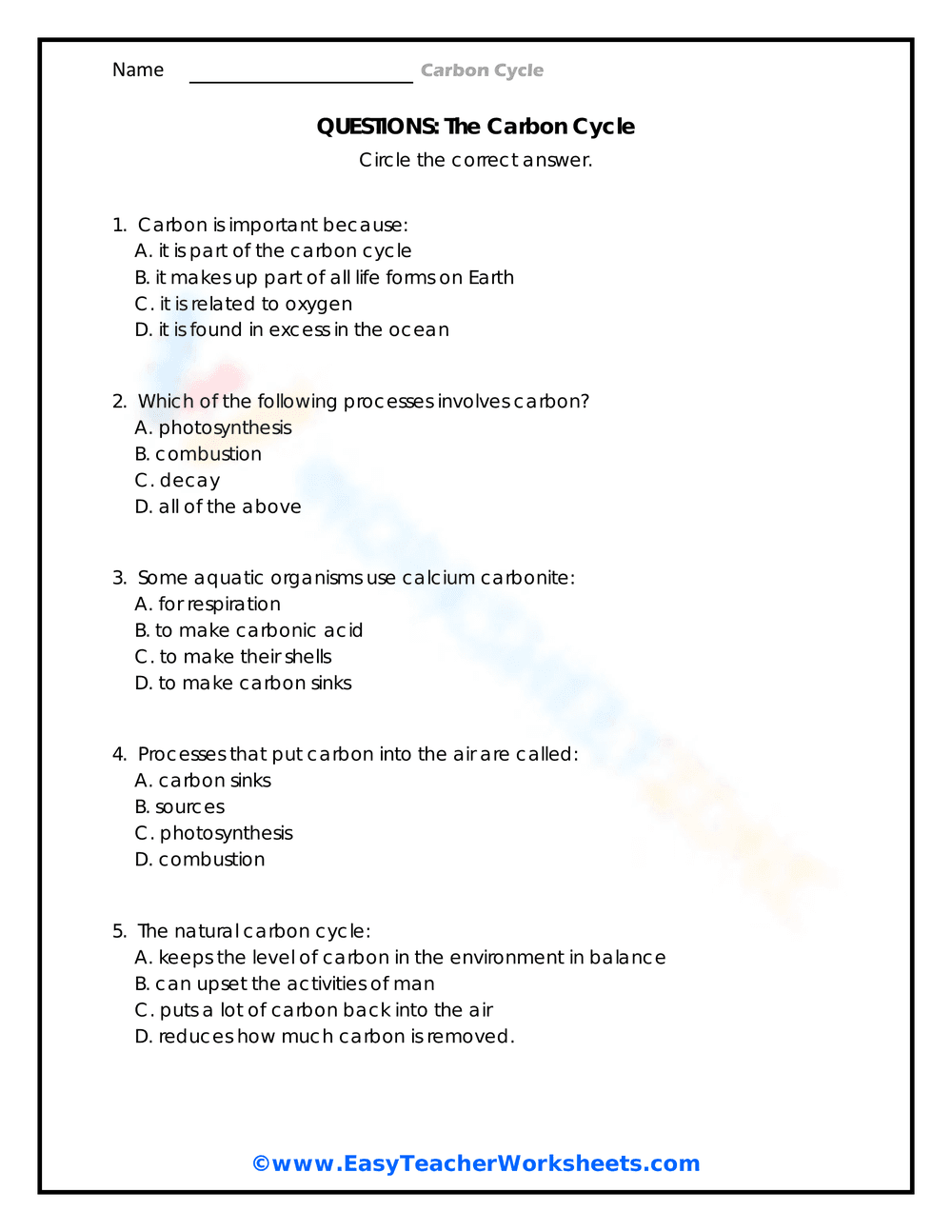 Questions on the Carbon Cycle: A Worksheet - Page 1