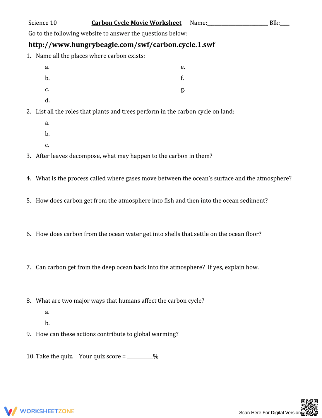 Updated Carbon Cycle Worksheet: Key Processes - Page 1