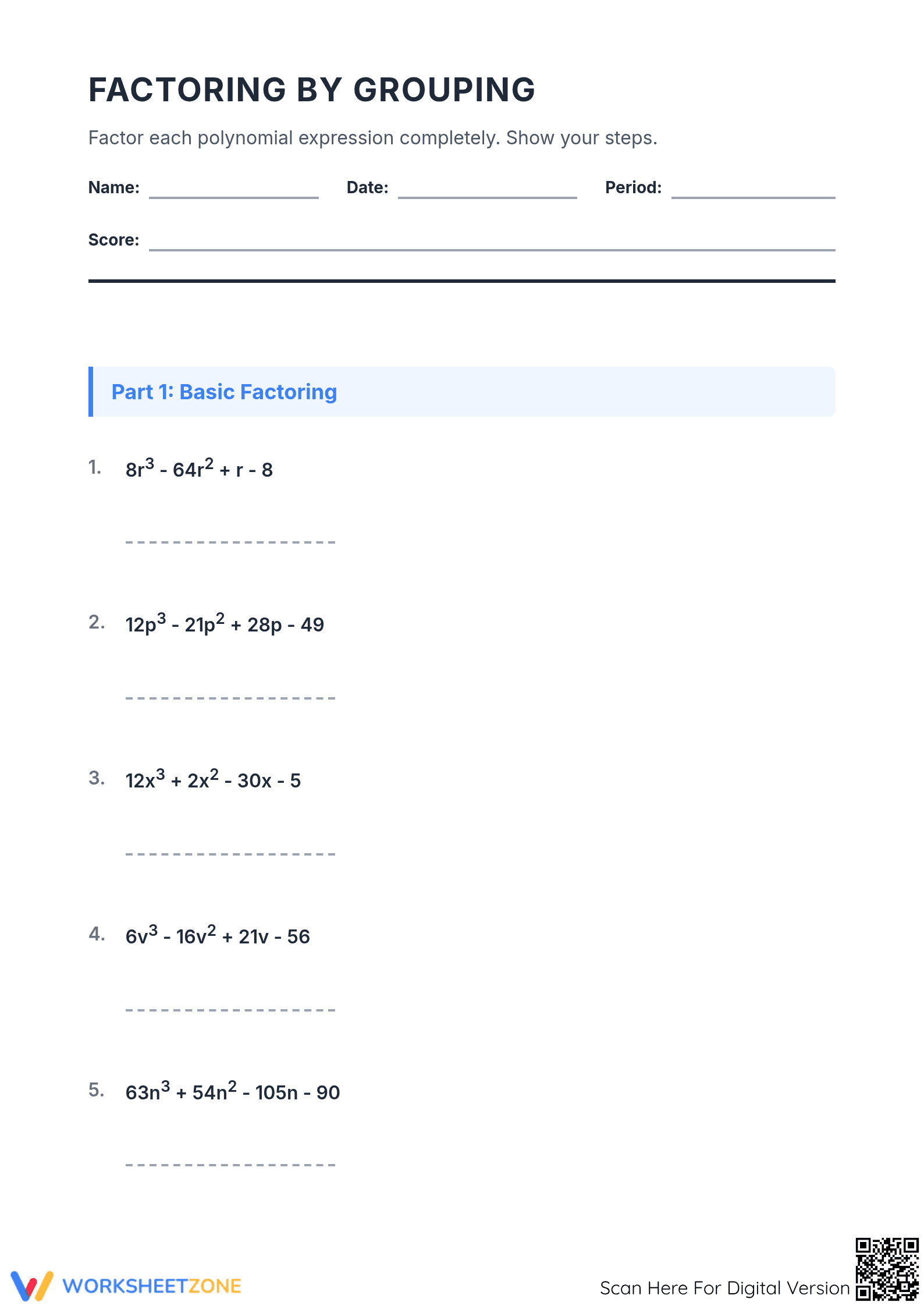 Essential Factoring by Grouping Worksheet | Grade 8-9 - Page 1