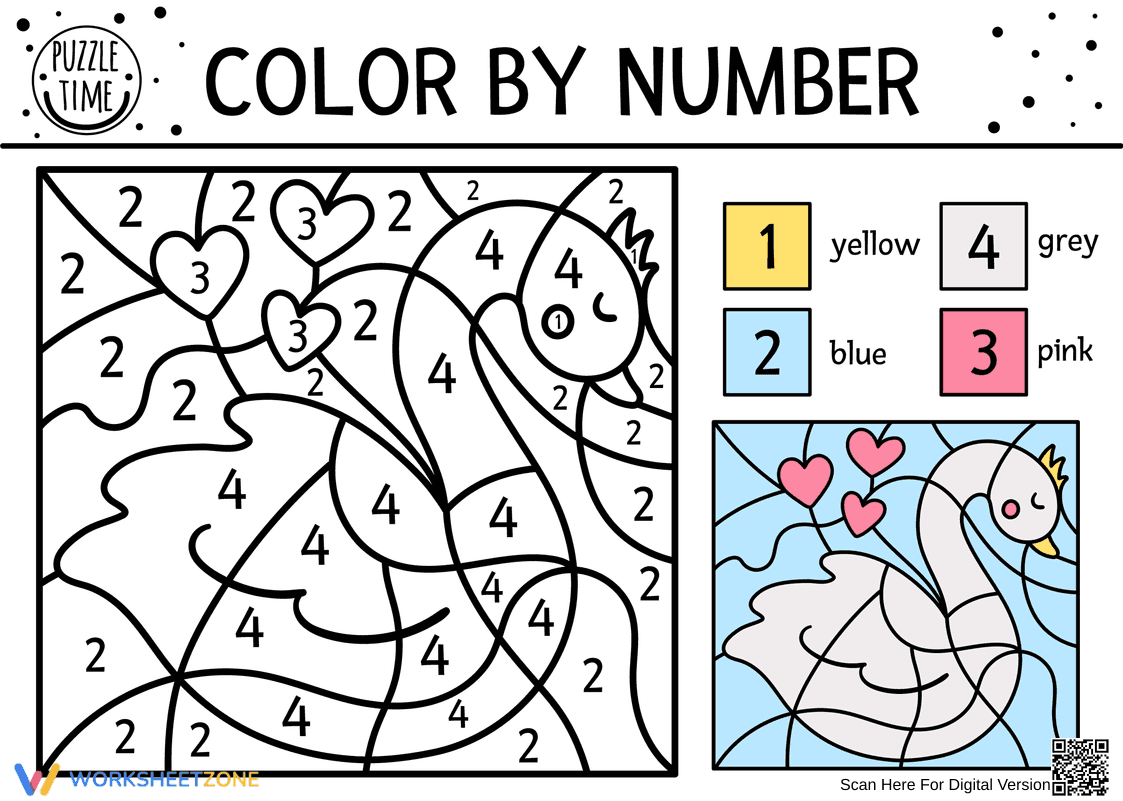 Swan Color by Number | Grade K-1 Printable - Page 1