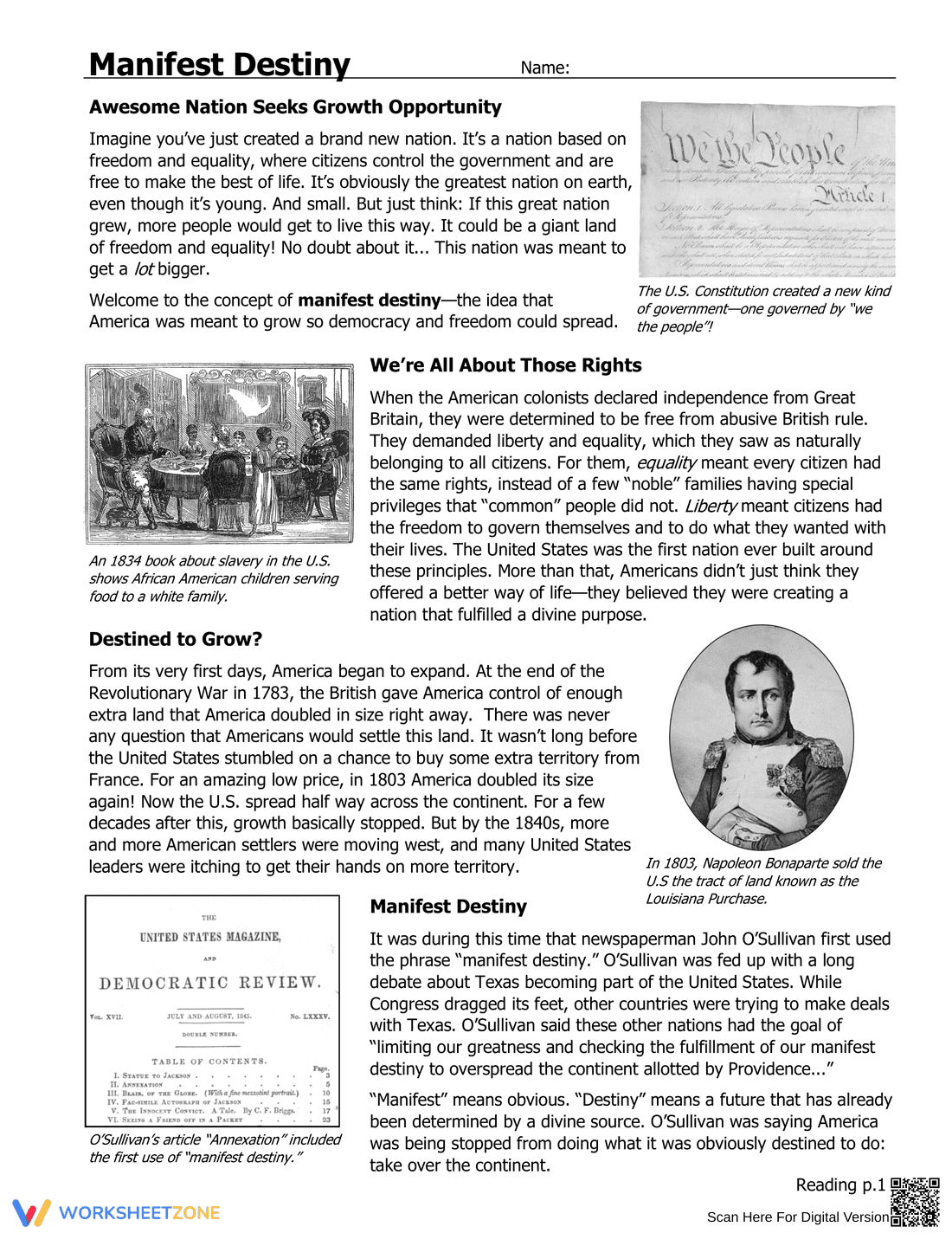 Manifest Destiny History Worksheet - Page 1
