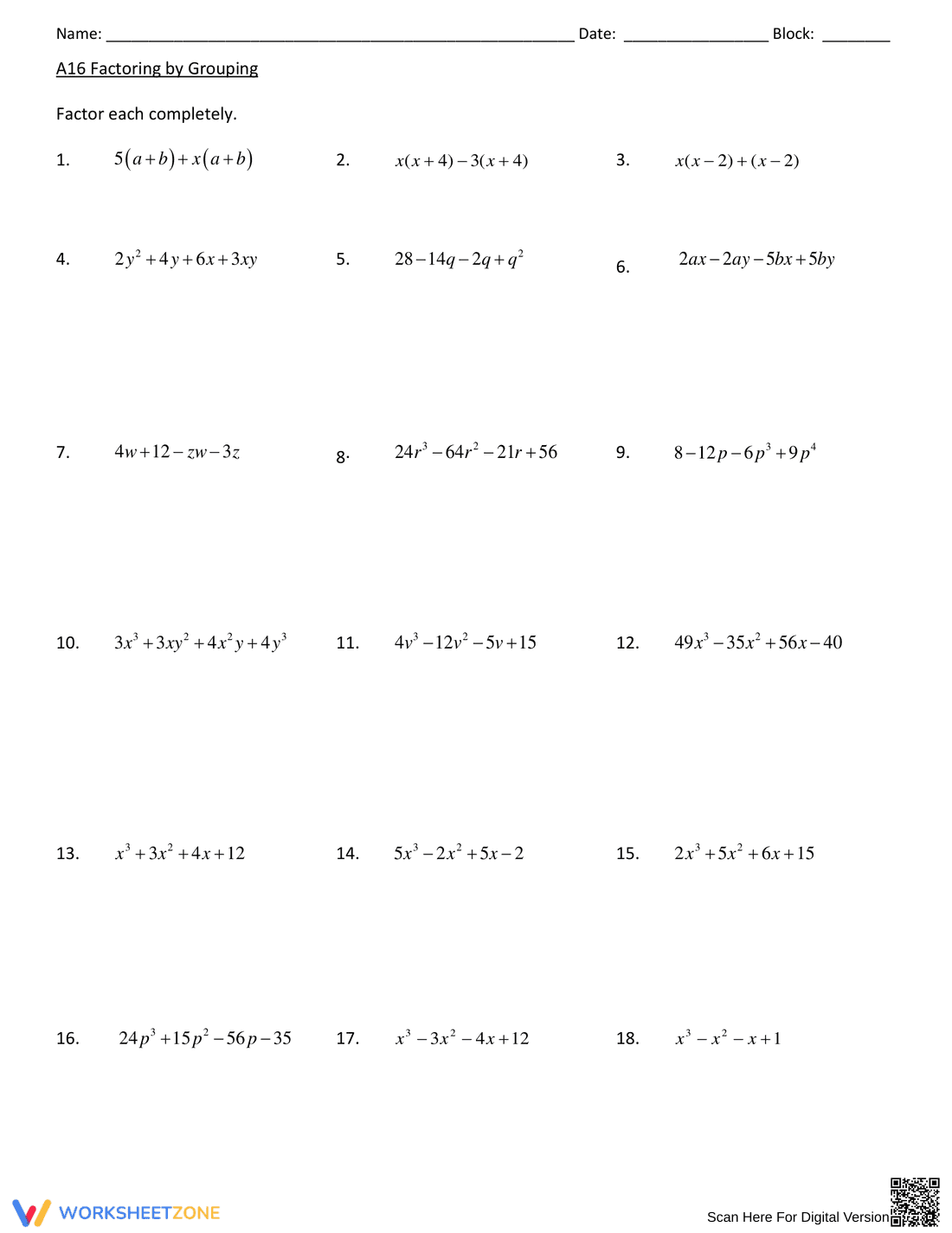 Factoring by Grouping Worksheet - Page 1
