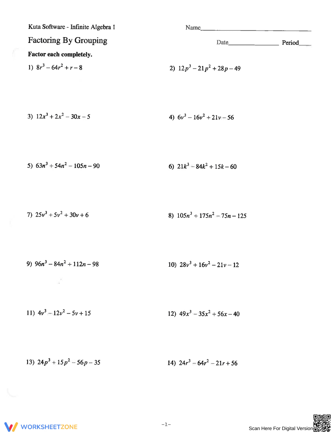 Factoring by Grouping Practice Worksheet - Page 1