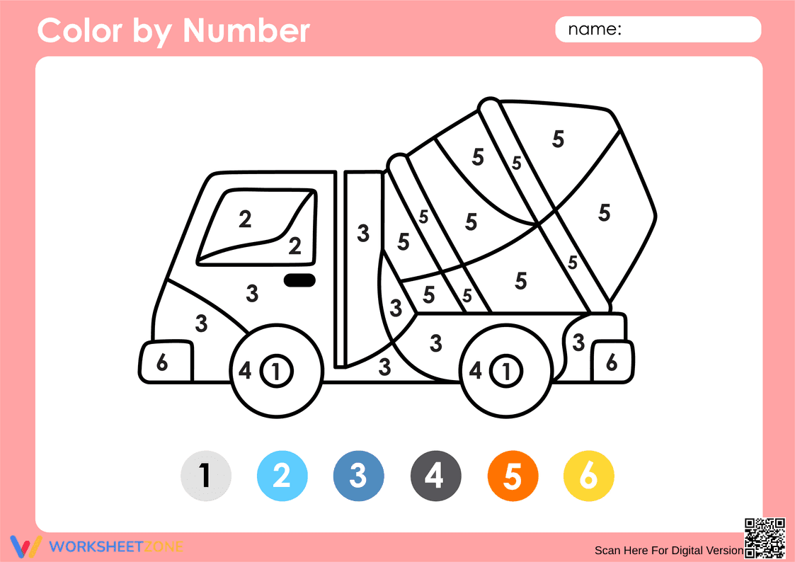 Truck Color by Number Worksheet | Grade K Printable - Page 1