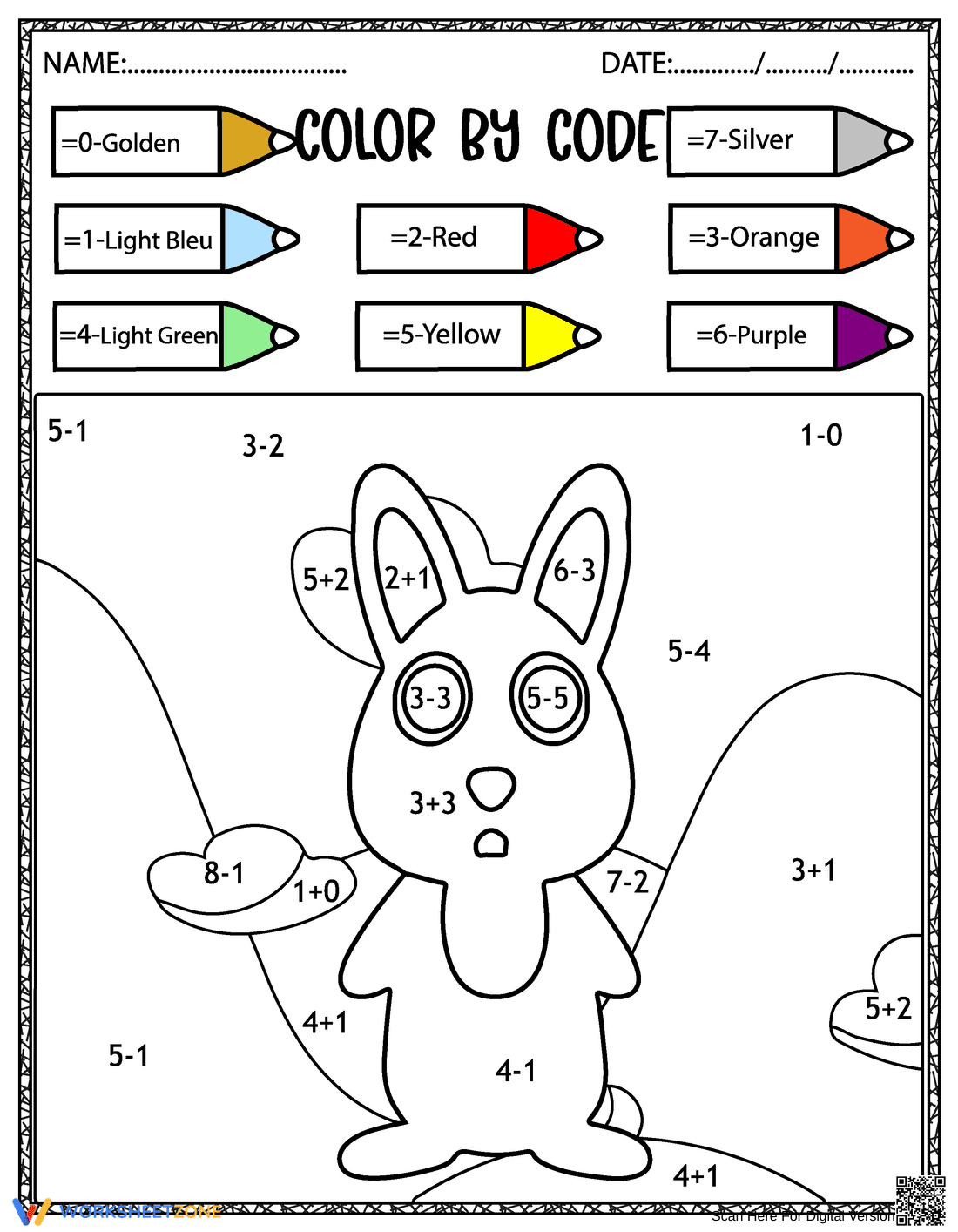 Grade 1 Bunny Color by Code — Printable No-Prep Worksheet - Page 1