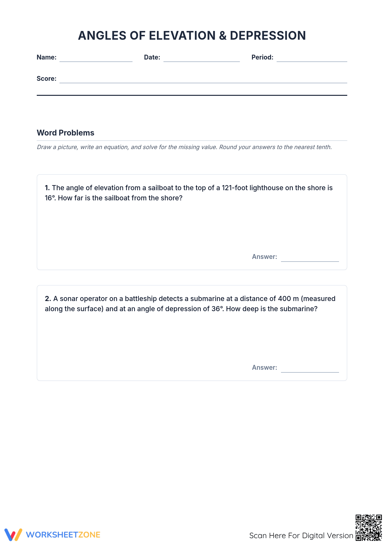 Angles of Elevation & Depression Worksheet | Grade 8 Ready - Page 1