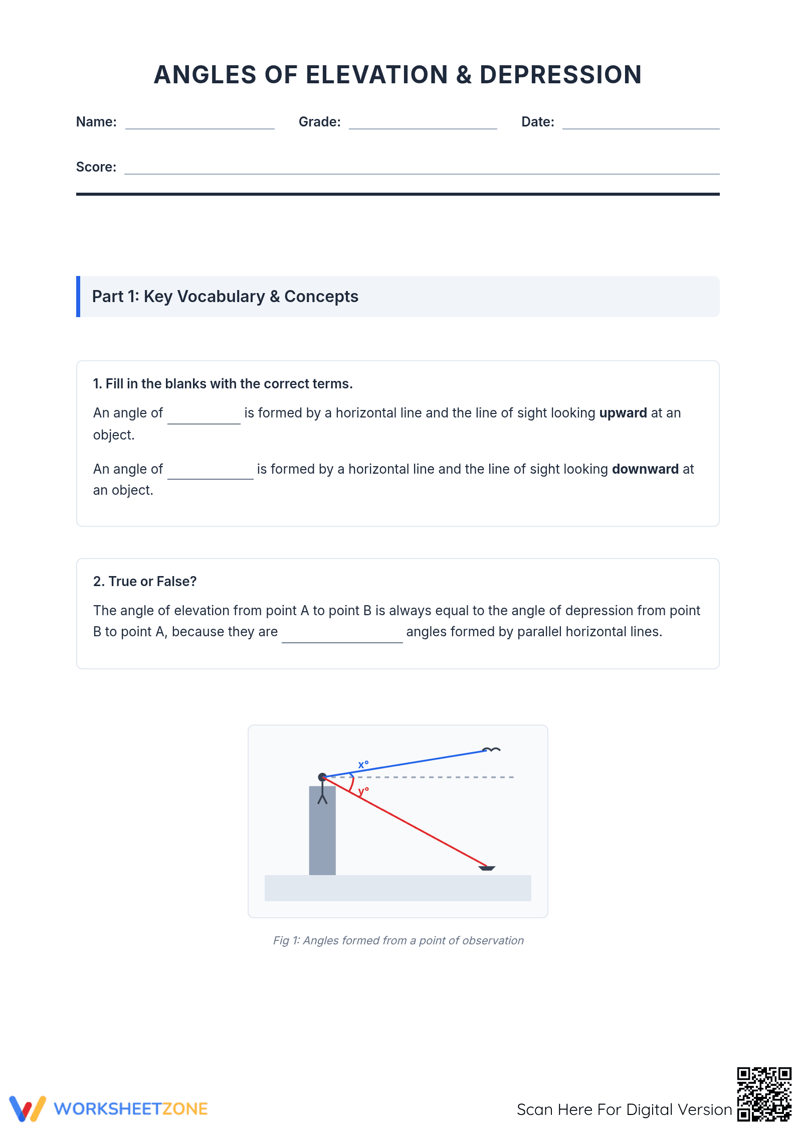 Angles of Elevation & Depression Worksheet | Essential Trig - Page 1
