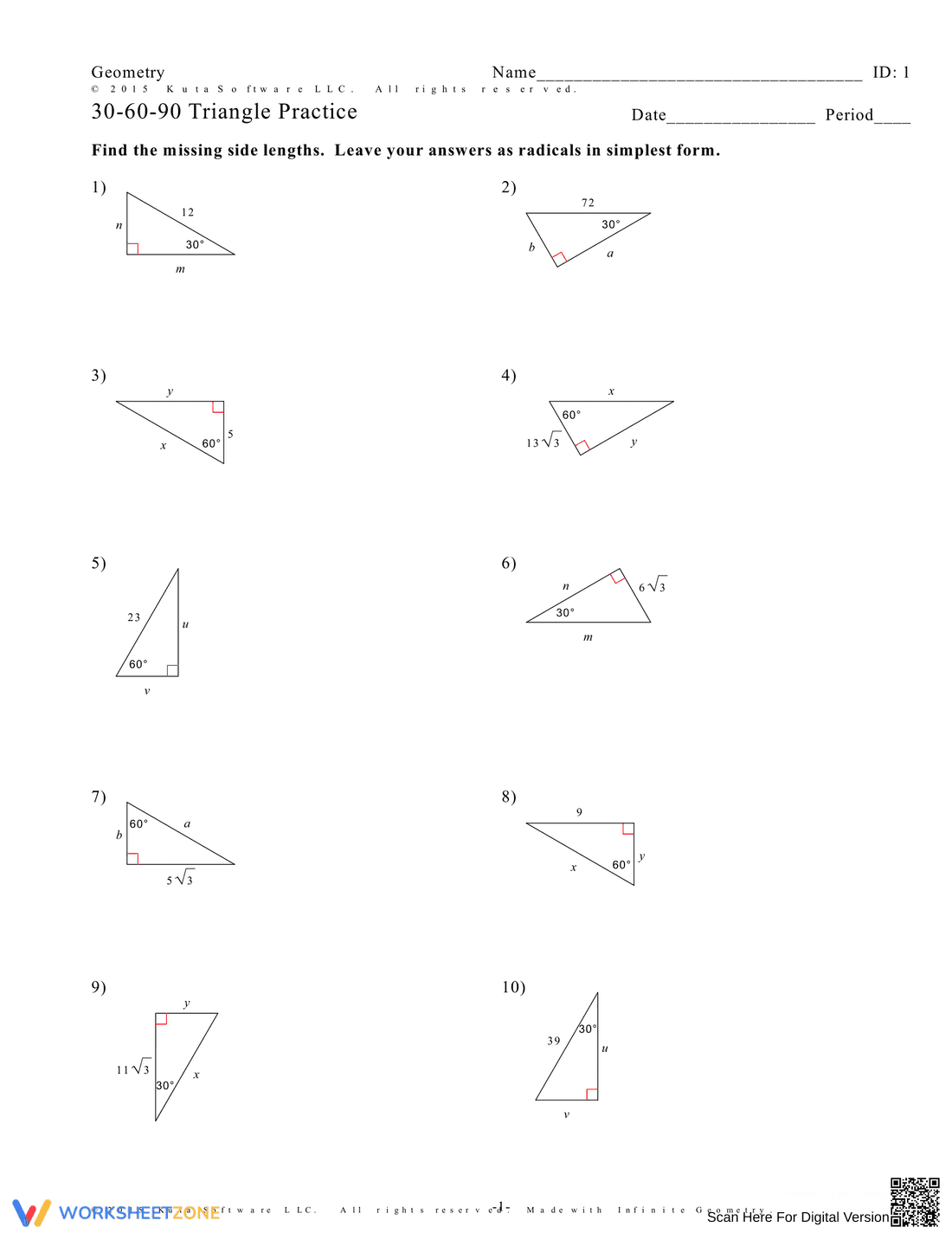 30-60-90 Triangle Practice – Geometry Worksheet Description: - Page 1