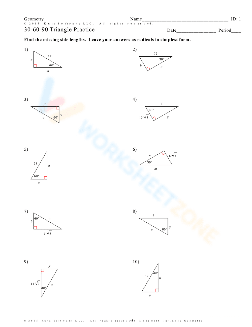 30-60-90 Triangle Practice – Geometry Worksheet Description: - Page 1