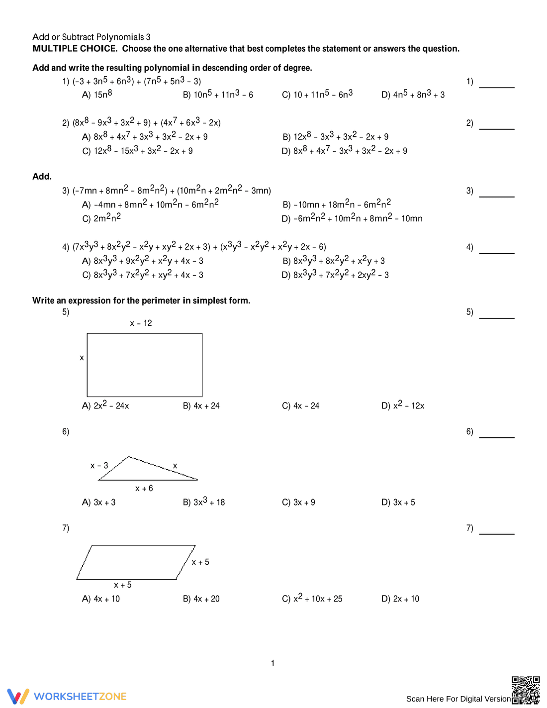 Add or Subtract Polynomials Worksheet - Page 1