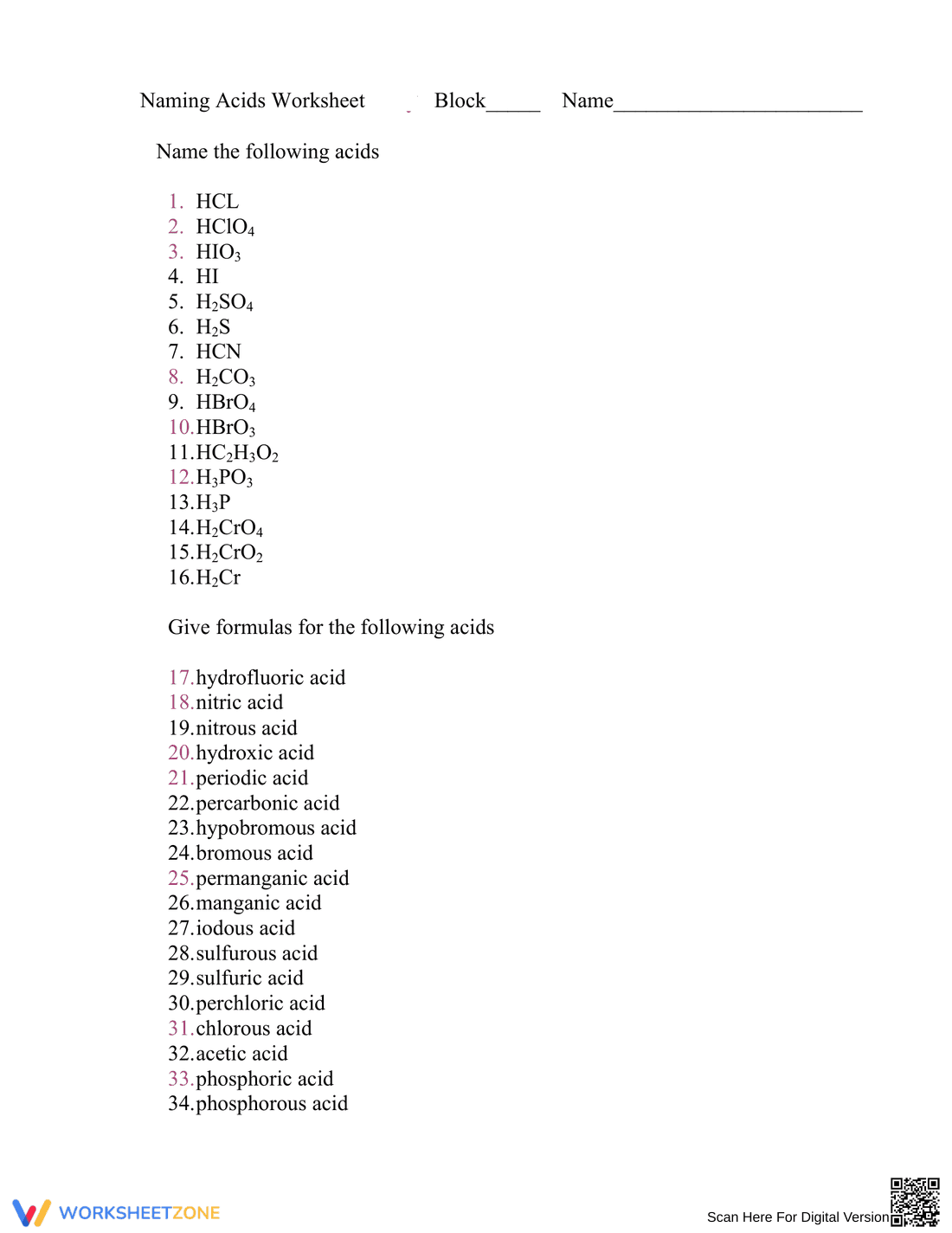 Naming Acids Practice Worksheet - Page 1