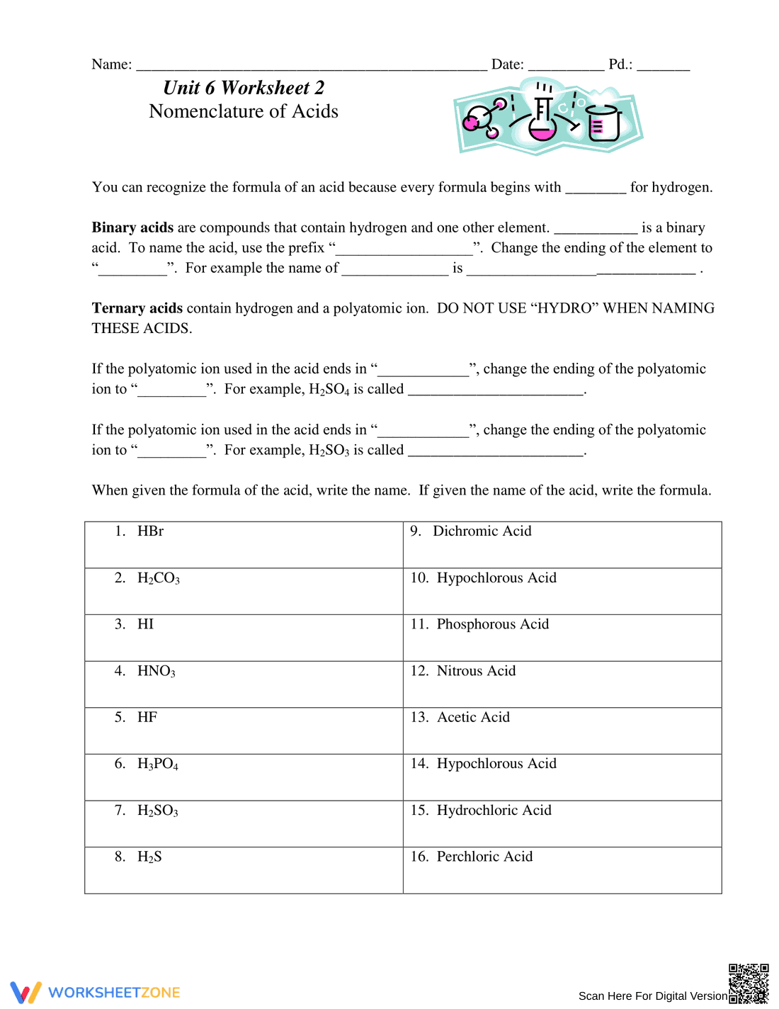 Acid Naming Worksheet for Chemistry - Page 1