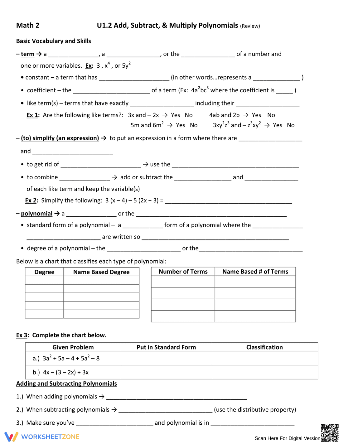 Add, Subtract, Multiply Polynomials Worksheet - Page 1