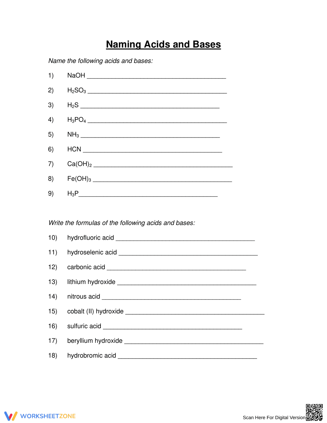 Naming Acids and Bases Worksheet - Page 1