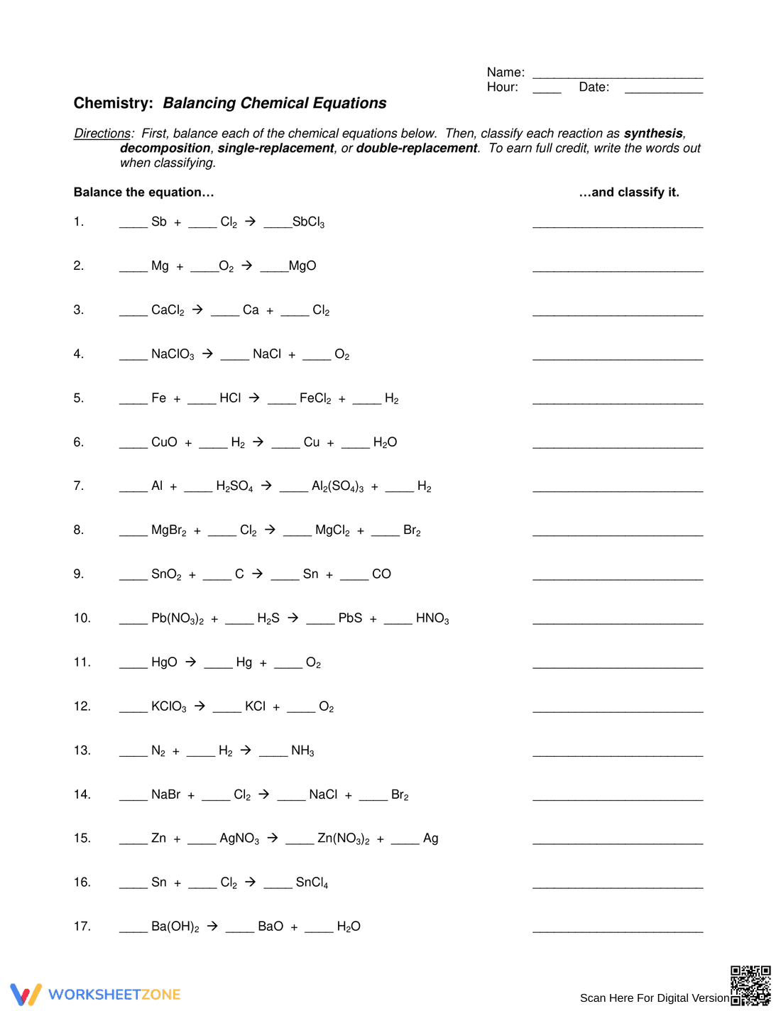 Balancing Chemical Equations Worksheet - Page 1