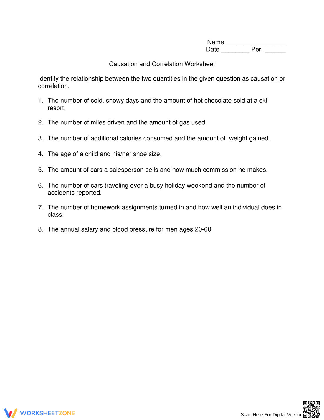 Causation and Correlation Worksheet - Page 1