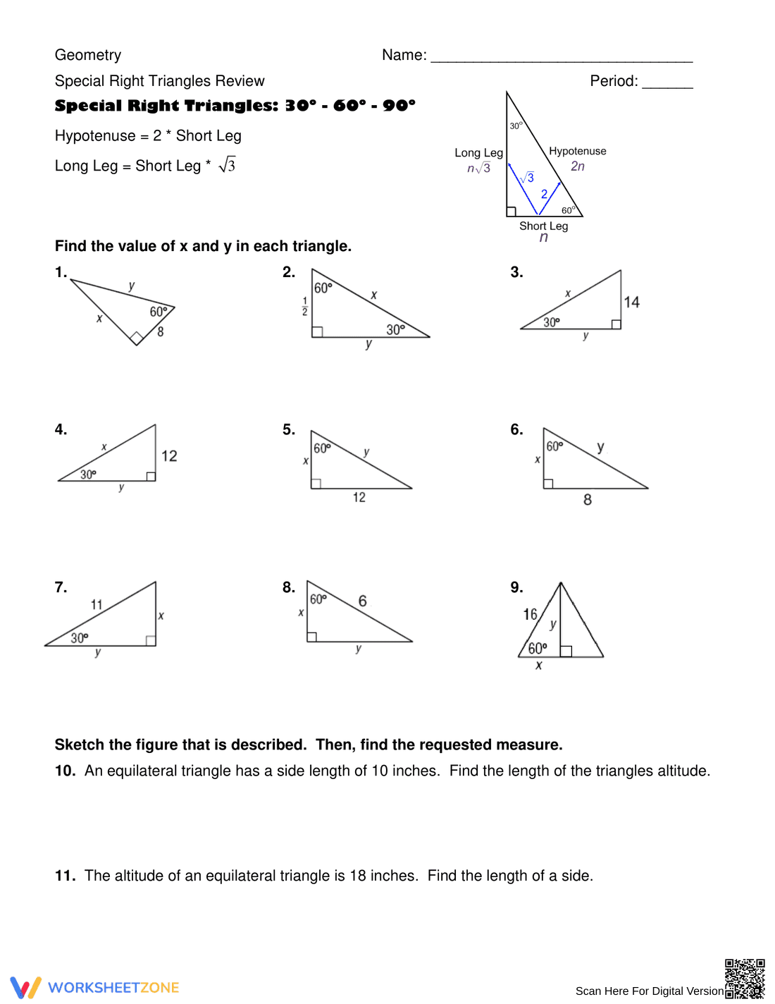Special Right Triangles Review Worksheet - Page 1