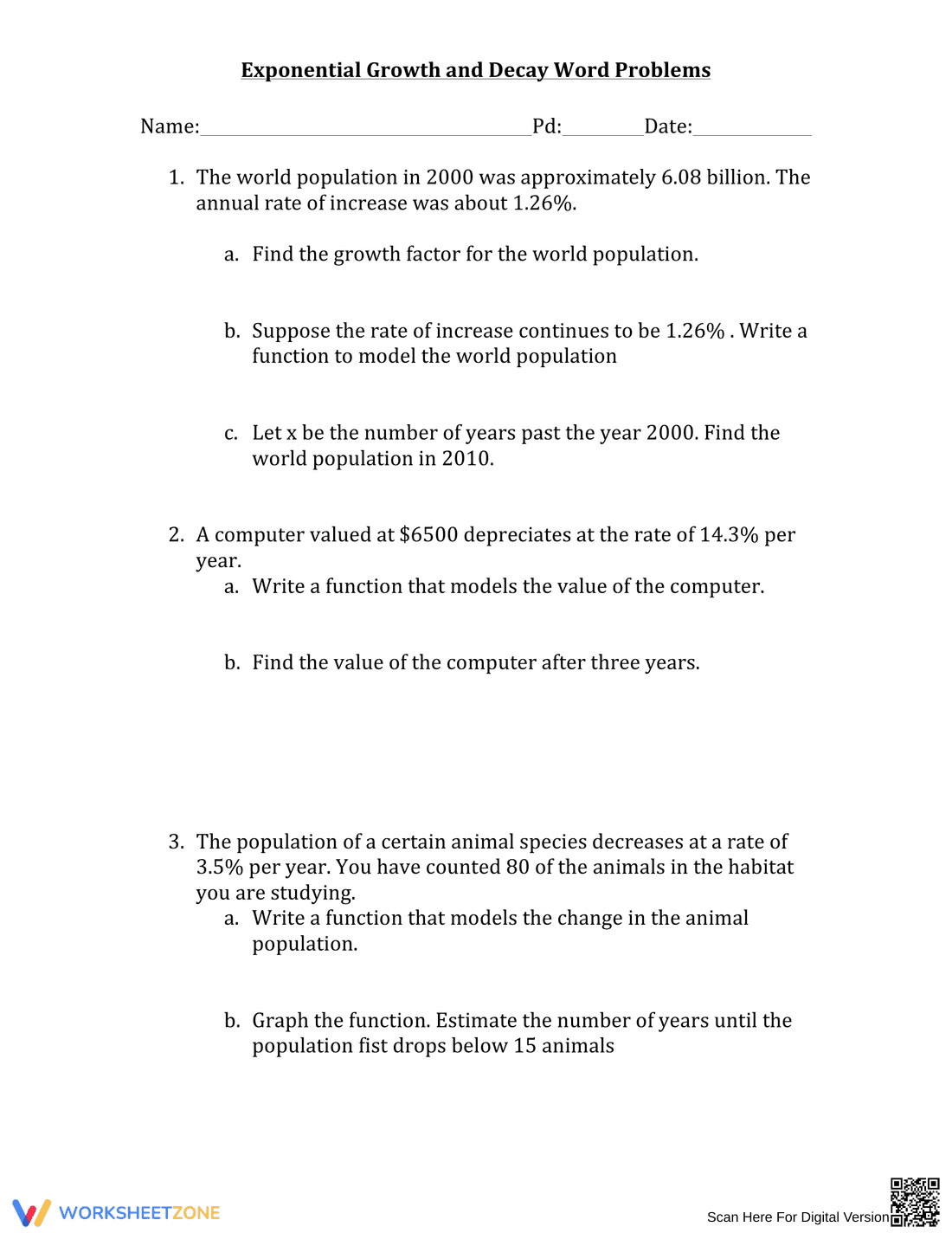 Exponential Growth and Decay Word Problems - Page 1