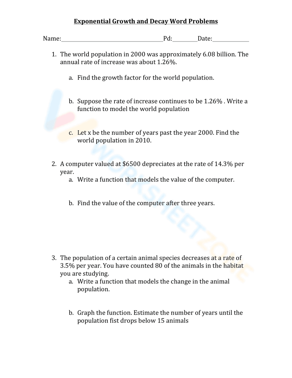 Exponential Growth and Decay Word Problems - Page 1