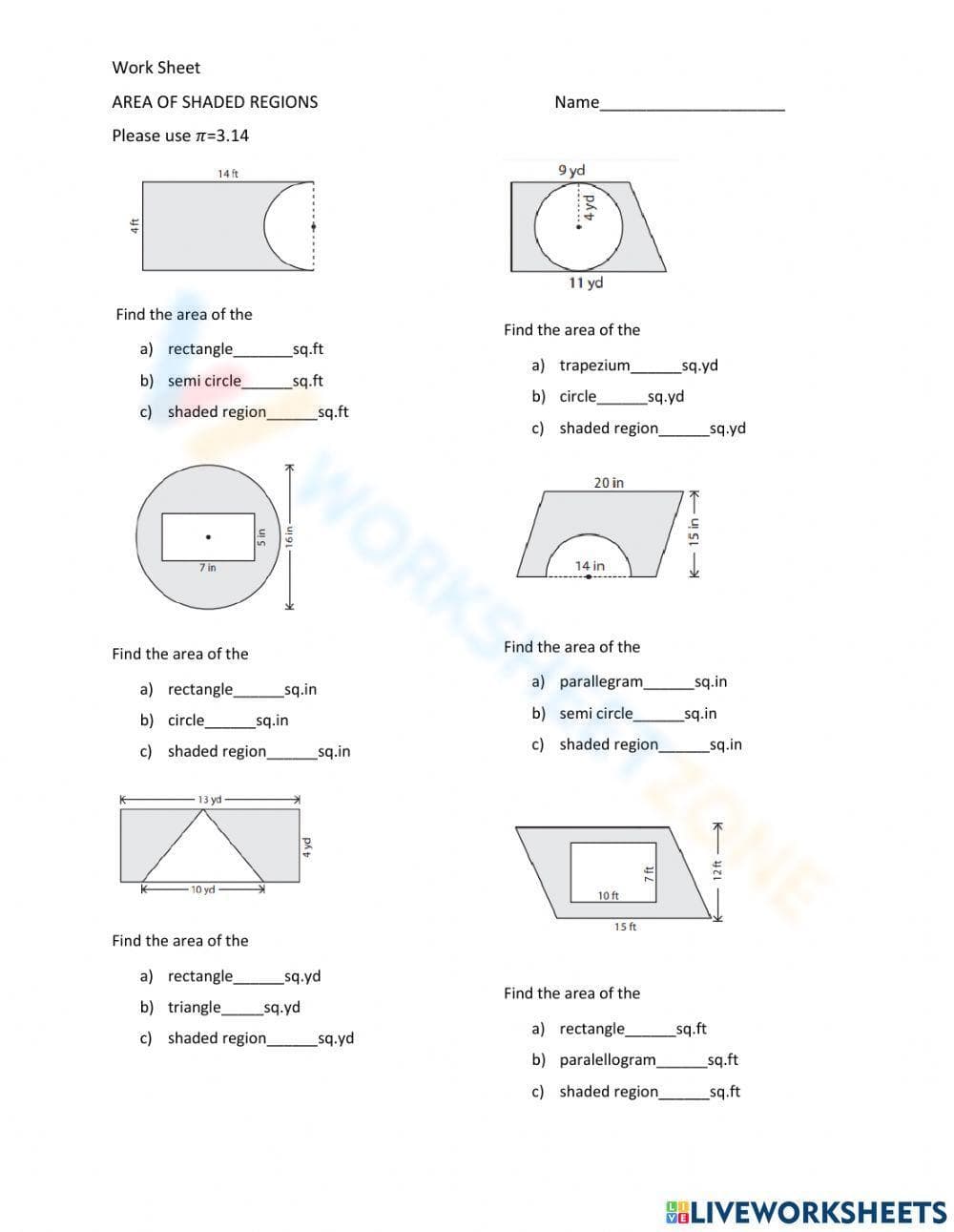 Area of Shaded Regions Geometry Worksheet - Page 1
