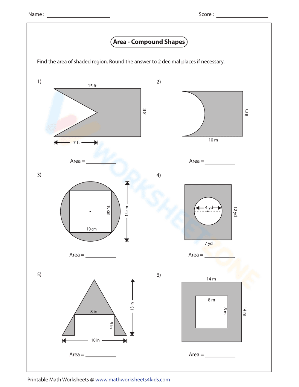 Calculate the Area of Compound Shapes Worksheet - Page 1