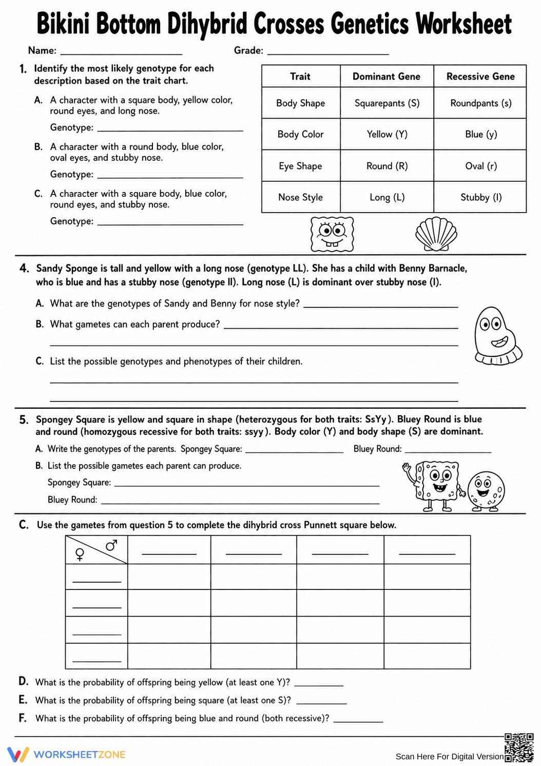 Printable Dihybrid Cross Worksheet | Grade 9-12 Biology - Page 1