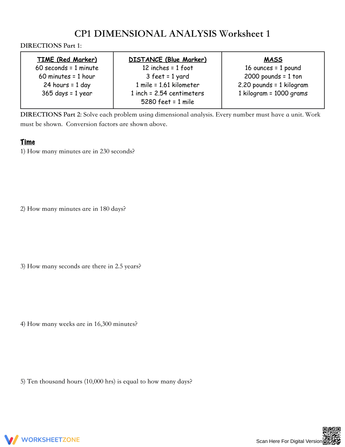 Dimensional Analysis: Unit Conversion Worksheet - Page 1
