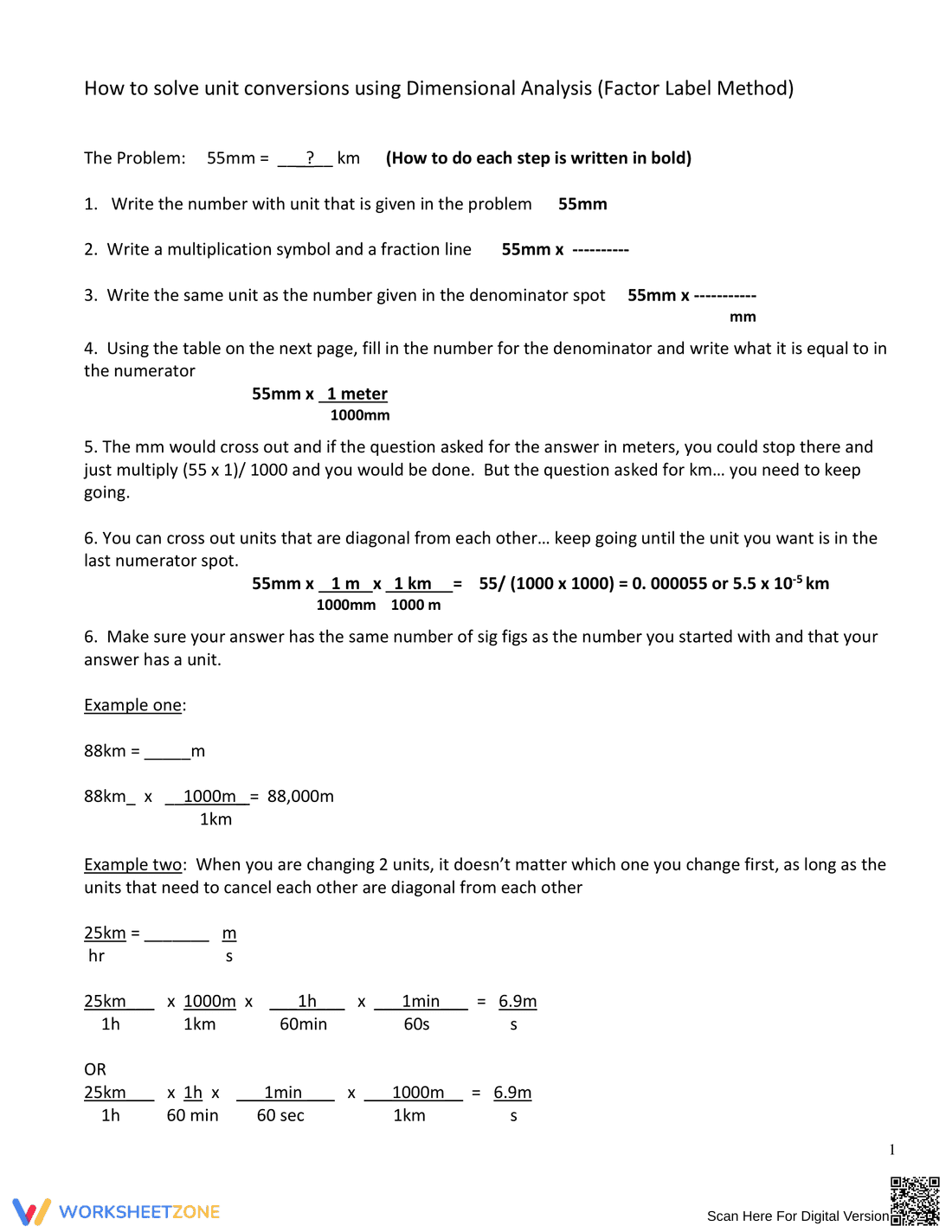 Using Dimensional Analysis Worksheet for Unit Conversion - Page 1