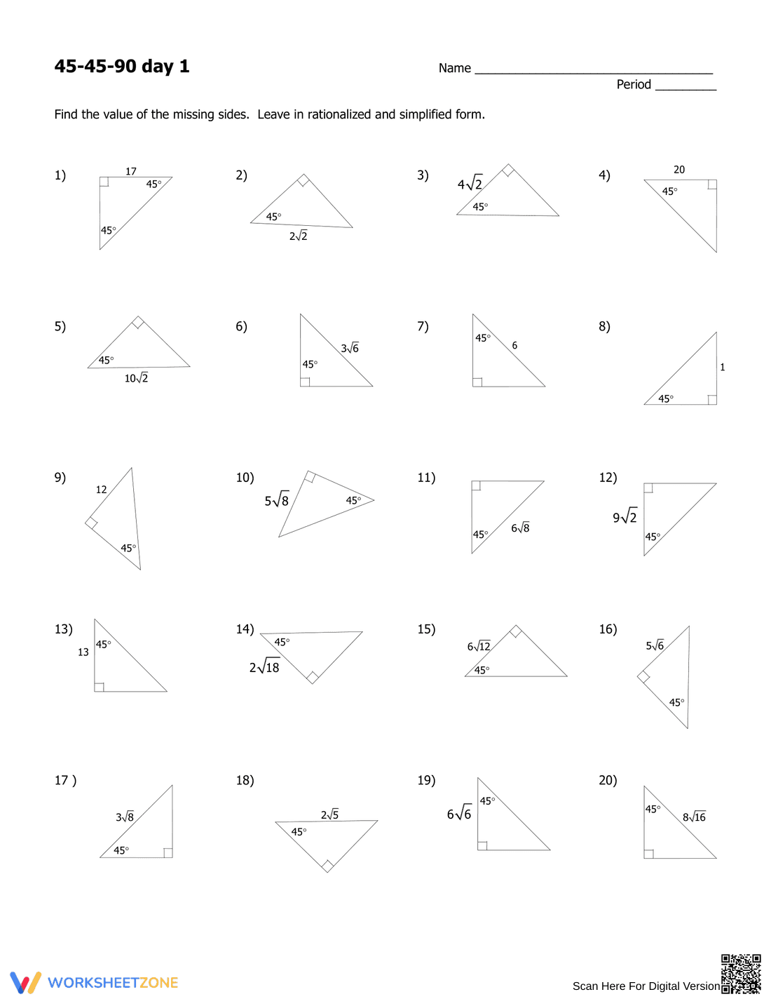 Mastering 45-45-90 Triangle Properties Worksheet - Page 1
