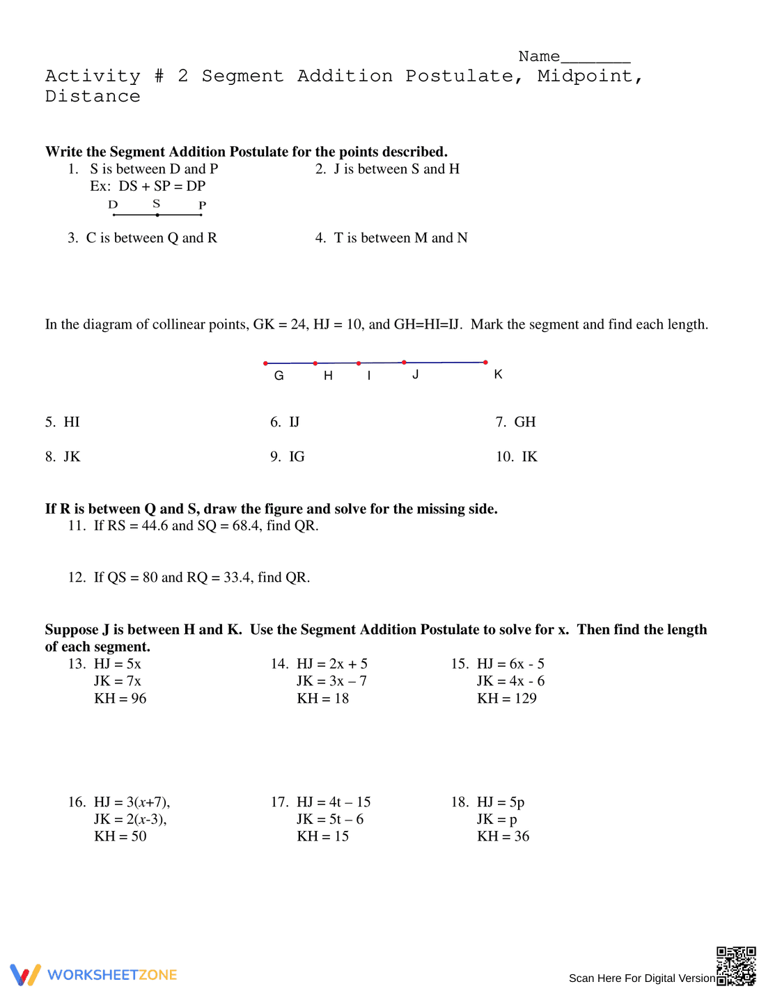 Practice with the Segment Addition Postulate - Page 1