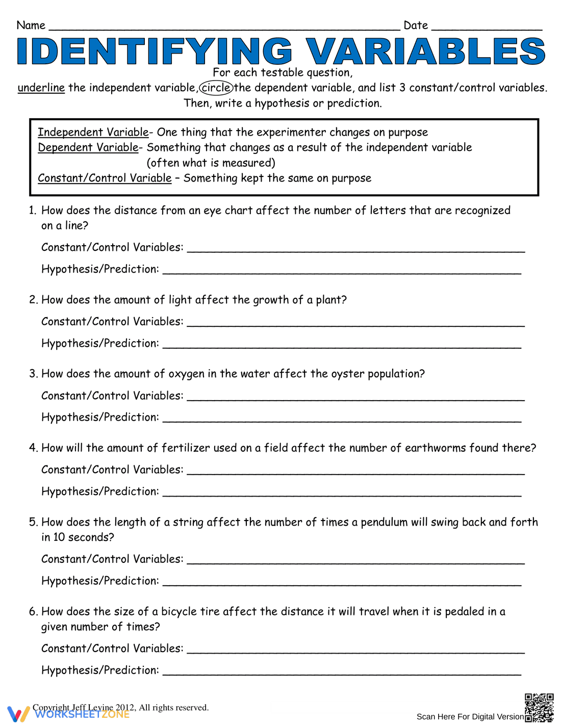 Worksheet on Identifying Variables in Science - Page 1