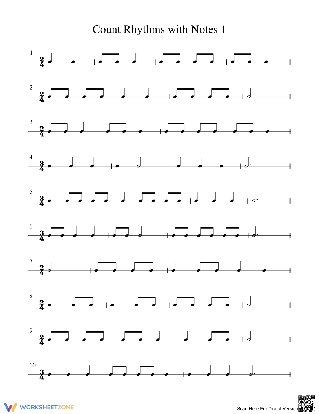 Count Rhythms with Notes Music Worksheet - Page 1