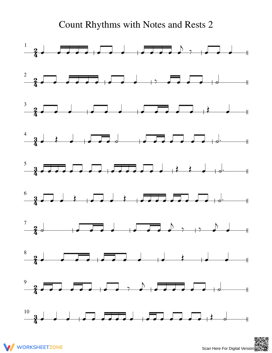 Count Rhythms with Notes and Rests Worksheet - Page 1