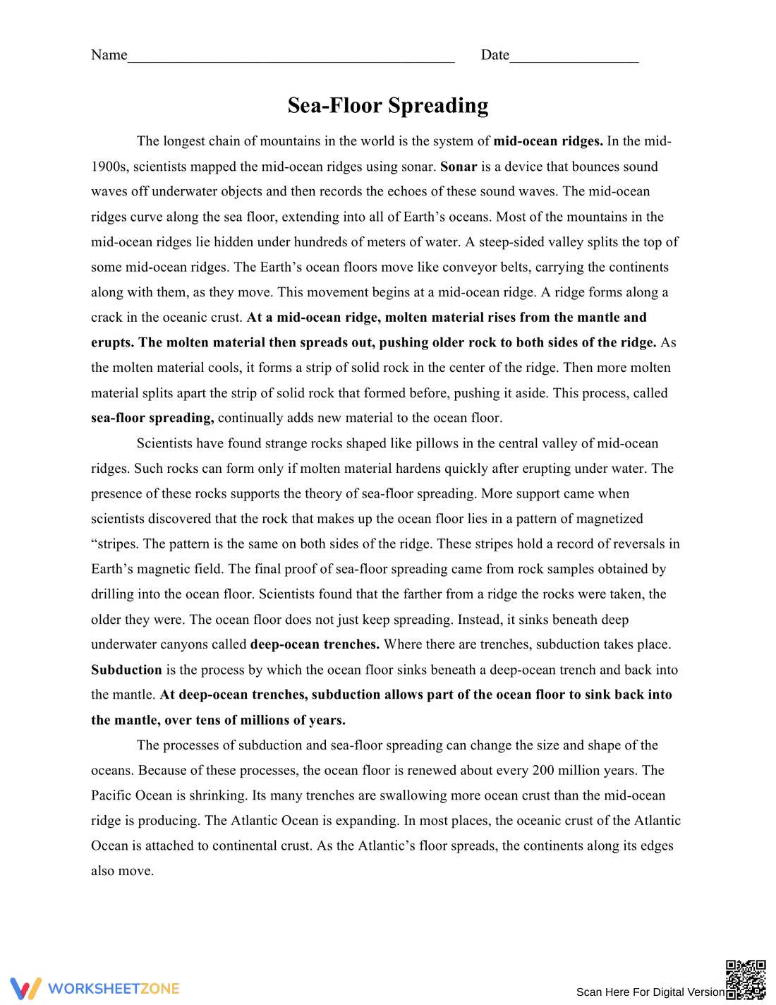 Explore Sea Floor Spreading: Worksheet - Page 1