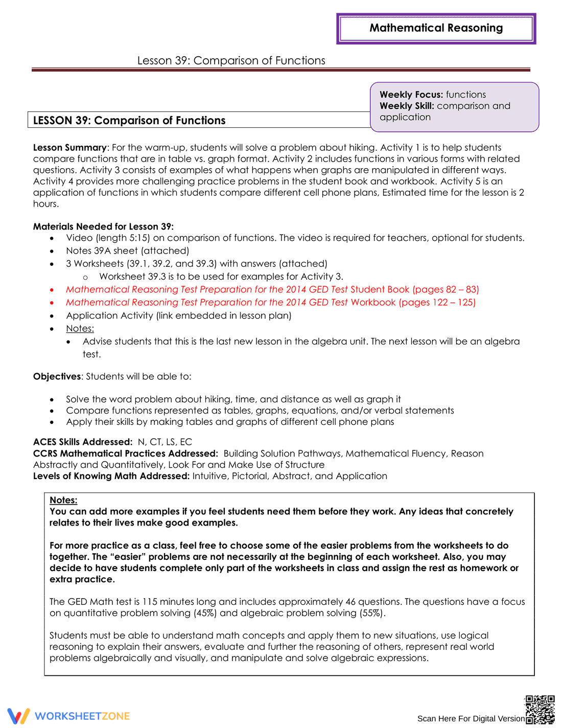 Comparison of Functions Worksheet - Page 1