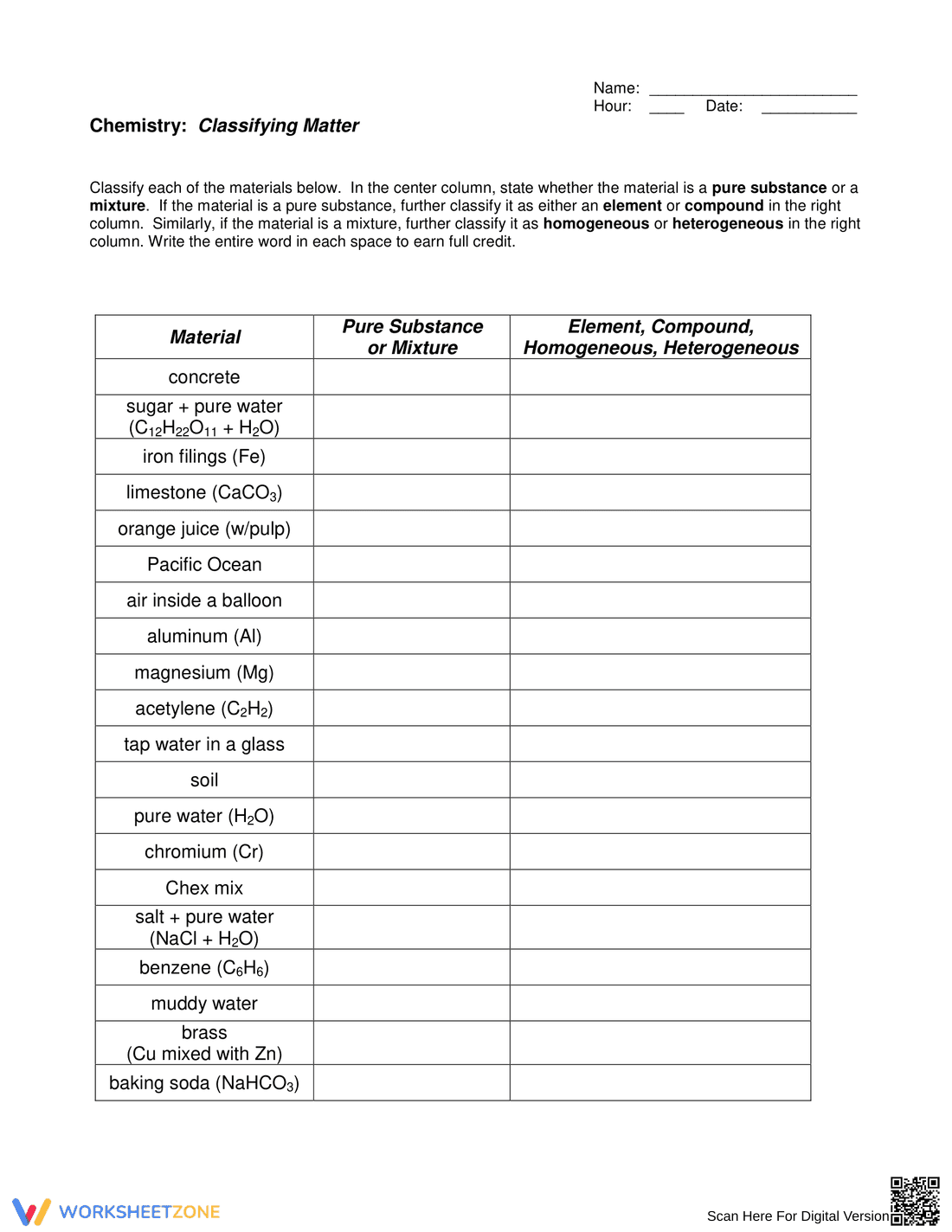 Classifying Matter Worksheet — Essential Grade 8 Science - Page 1