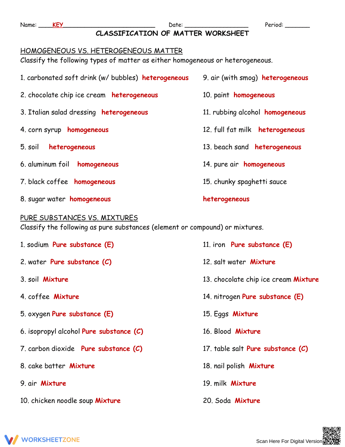 Classification of Matter Worksheet - Page 1