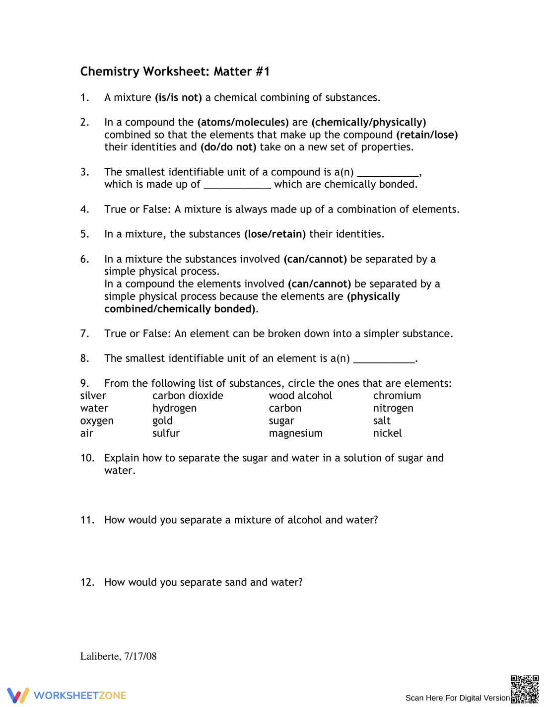 Updated Matter Classification Worksheet - Page 1