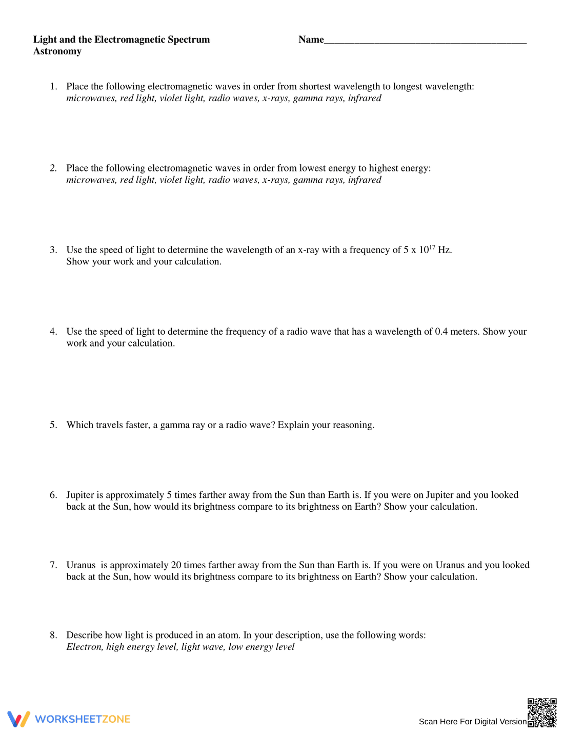 Essential Electromagnetic Spectrum Worksheet | Grade 9-12 - Page 1