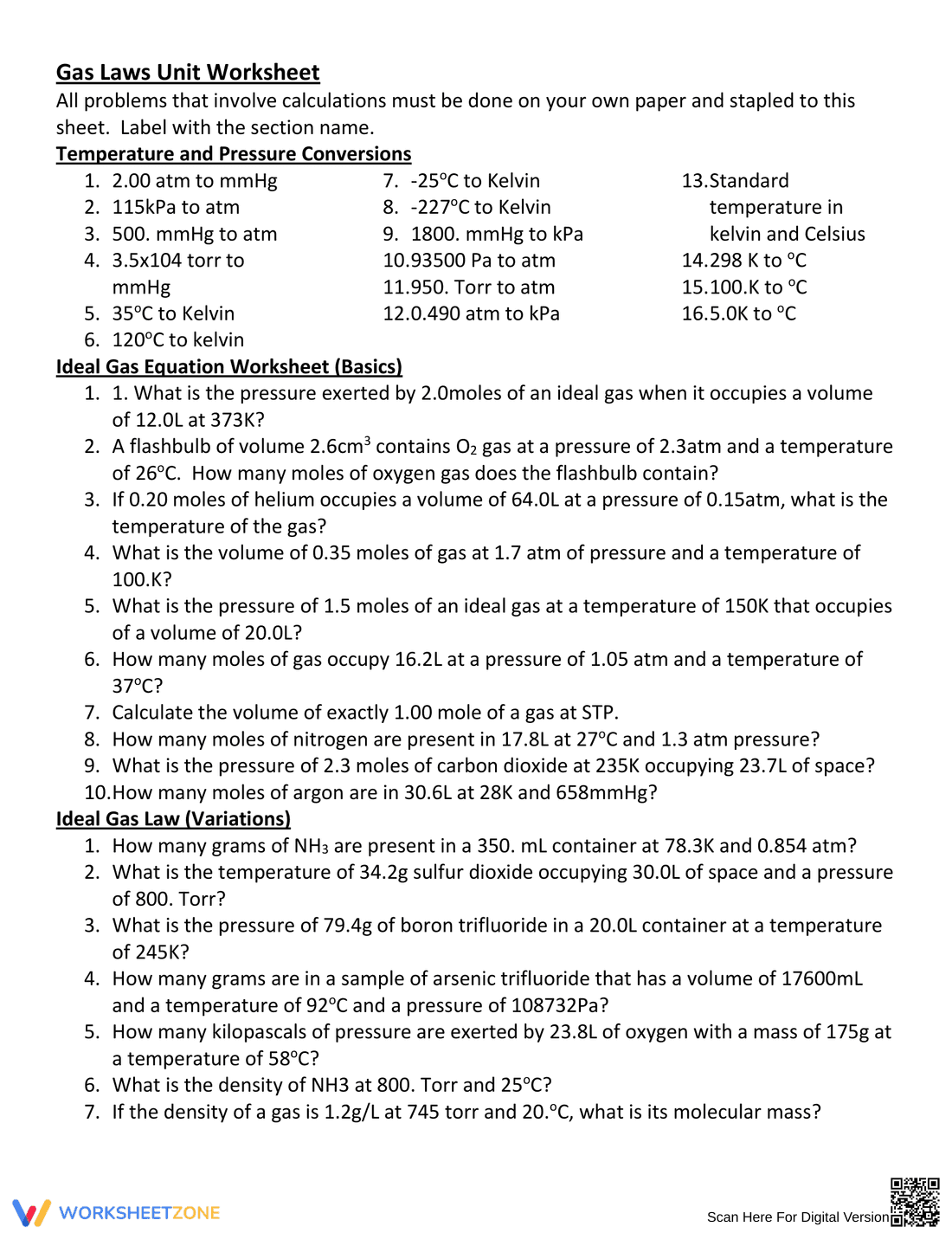Updated Gas Laws Unit Worksheet - Page 1