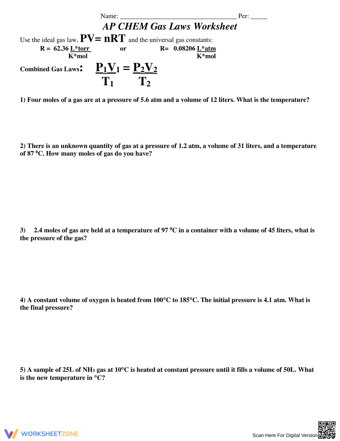 Ideal Gas Law Worksheet - Page 1