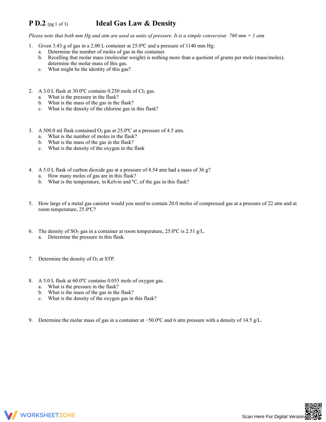 Ideal Gas Law and Density Practice Problems - Page 1