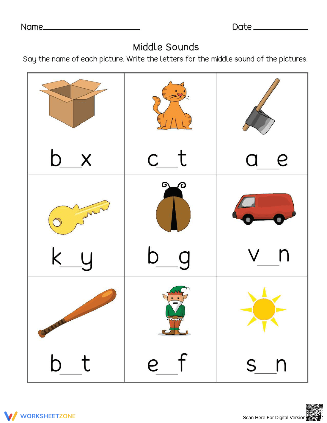 Identifying Middle Sounds Phonics Worksheet - Page 1