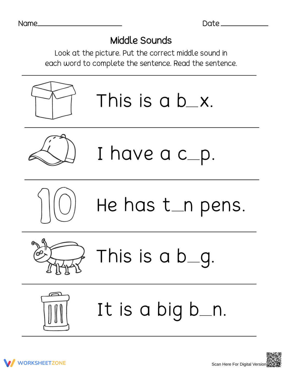 Middle Sounds Identification Practice - Page 1