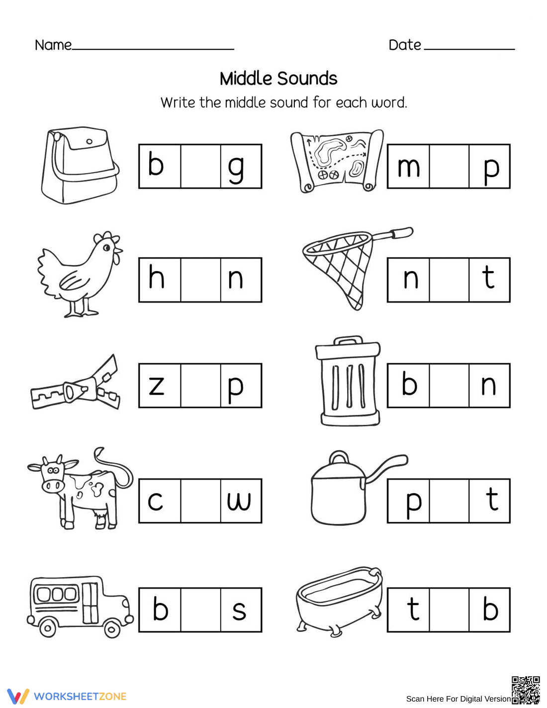 Middle Sounds Identification Worksheet - Page 1