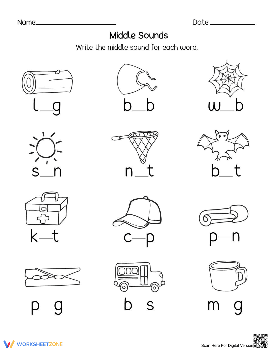 Early Learning: Middle Sounds Worksheet - Page 1