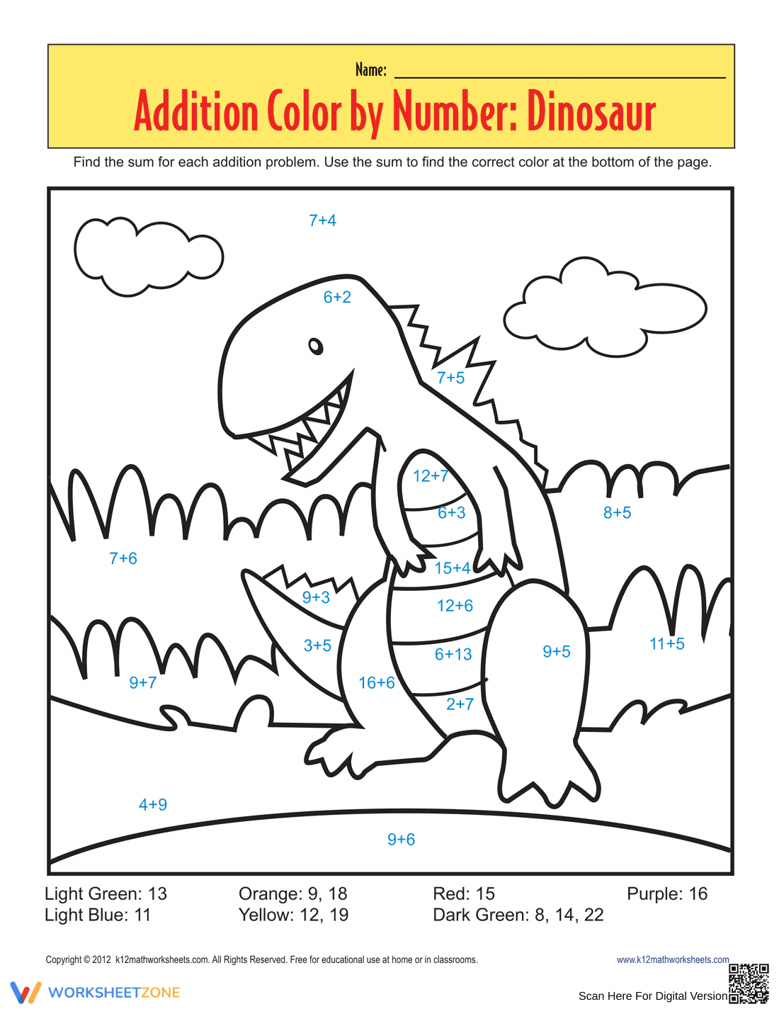 Fun Addition Color by Number Dinosaur Worksheet | Grade 1 Math - Page 1