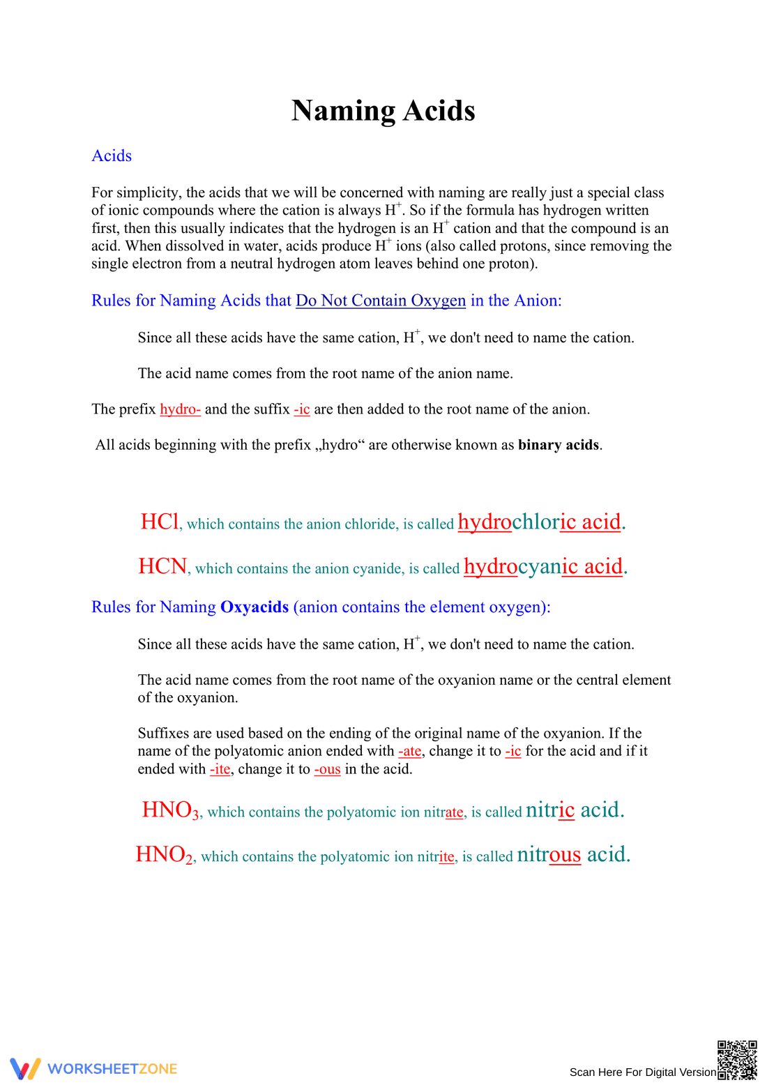 Naming Acids Worksheet with Rules for Acid Naming - Page 1