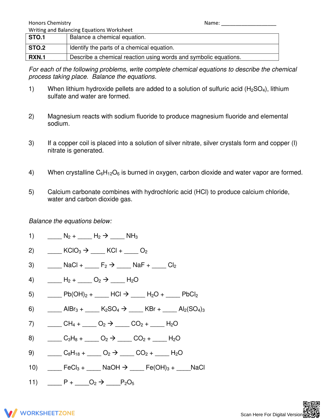 Writing And Balancing Chemical Equations Worksheet - Page 1