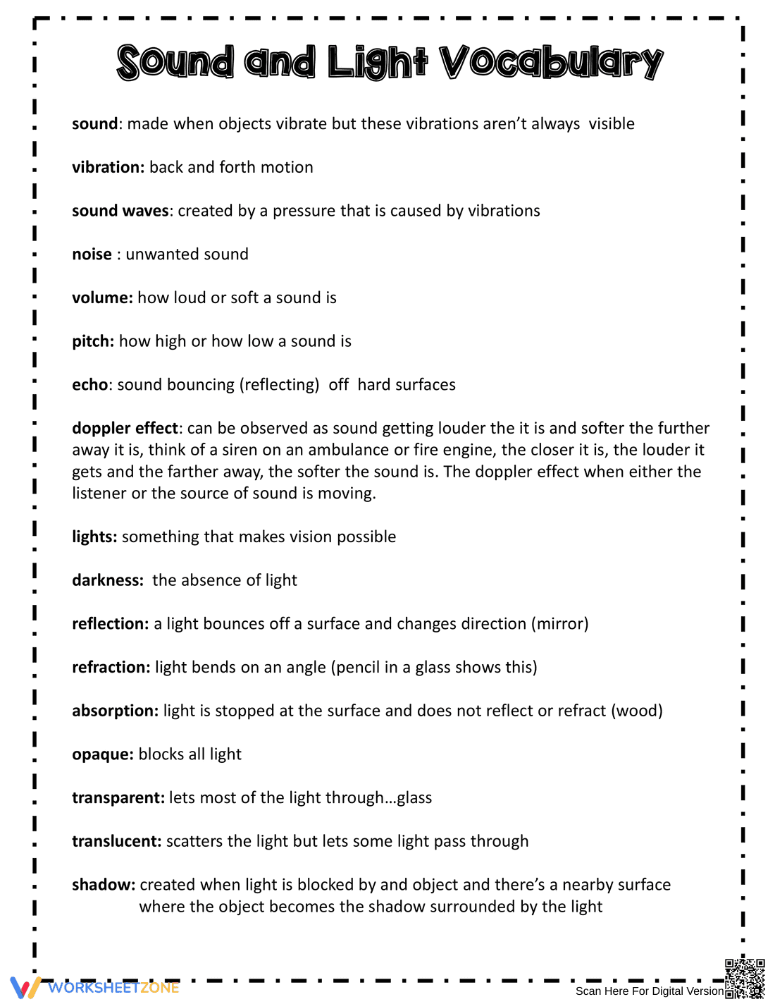 Sound and Light Vocabulary - Page 1
